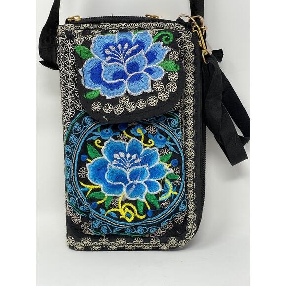Blue & Black Rose Embroidery Tapestry Zip Around Crossbody Wallet~Made in Mexico - Picture 1 of 12